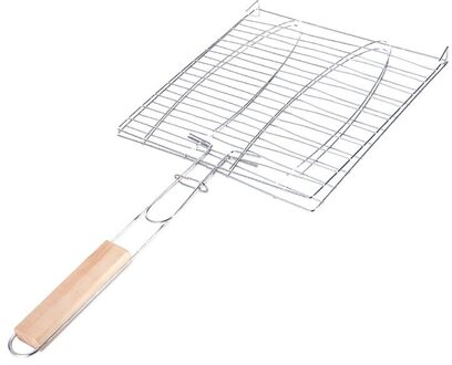 1Pc Duurzaam Ijzerdraad Barbecue Grillen Mand Bbq Netto Houten Handvat Vlees Vis Clip Holder Ondersteuning