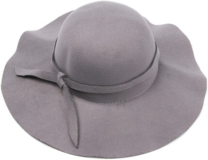 1Pc Herfst Fedora Hoed Vrouwen Wollen Winter Vilten Hoeden Strik Brede Rand Retro Jazz Cap Cowboy Hoed Jurk dance Party Hoofddeksels licht grijs