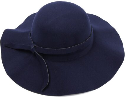 1Pc Herfst Fedora Hoed Vrouwen Wollen Winter Vilten Hoeden Strik Brede Rand Retro Jazz Cap Cowboy Hoed Jurk dance Party Hoofddeksels marine blauw