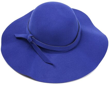 1Pc Herfst Fedora Hoed Vrouwen Wollen Winter Vilten Hoeden Strik Brede Rand Retro Jazz Cap Cowboy Hoed Jurk dance Party Hoofddeksels saffier blauw