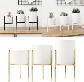 1PC Keramische Bloempotten Staande Balkon Tuin Plant Metaal Ijzer Planter Home Decor Kort en Hoog Pot + Rack goud C / S