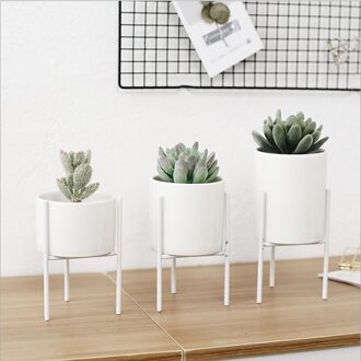 1PC Keramische Bloempotten Staande Balkon Tuin Plant Metaal Ijzer Planter Home Decor Kort en Hoog Pot + Rack wit A / S