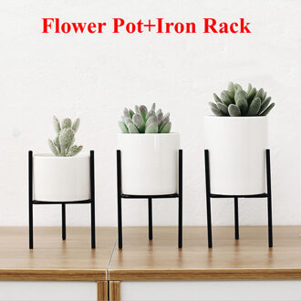 1PC Keramische Bloempotten Staande Balkon Tuin Plant Metaal Ijzer Planter Home Decor Kort en Hoog Pot + Rack zwart B / S