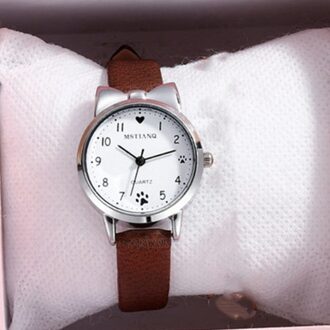 1Pc Leuke Casual Meisje Horloge Kinderen Lederen Band Horloge Mooie Kinderen Quartz Horloge Student Klok Ronde Analoge Klok bruin watch enkel en alleen