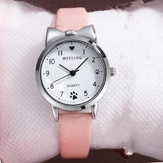 1Pc Leuke Casual Meisje Horloge Kinderen Lederen Band Horloge Mooie Kinderen Quartz Horloge Student Klok Ronde Analoge Klok roze watch enkel en alleen