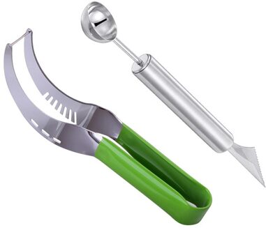 1Pc Meloen Watermeloen Slicer + 1Pc Corer Scoop Set Rvs Tool Server Cutter Stevige Anty-Slip siliconen Bedekt Handvat