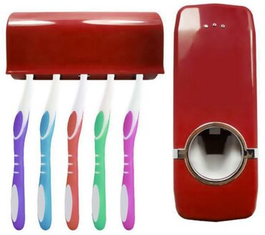 1Pc Muurbevestiging Automatische Tandpasta Dispenser Stofdicht Tandenborstelhouder Opbergrek Badkamer Accessoires Set Knijper Rood