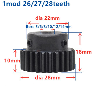 1pc Spur Gear pinion 1M 26teeth 27T 28T Bore 5mm-14mm Straight Teeth Metal gear steel gear CNC gear transmission industry RC car