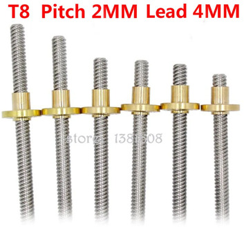 1PC Stainless Steel T8 Lead Screw Pitch 2MM Lead 4MM Length 100/200/300/400/500/600mm with Brass Copper Nut for 3D Printer
