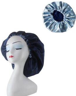 1Pc Vrouwen Satijn Motorkap Haar Caps Dubbele Laag Passen Slaap Night Cap Head Cover Hoed Voor Krullend Veerkrachtig Hair styling Accessoires blauw