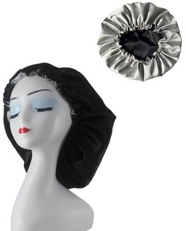 1Pc Vrouwen Satijn Motorkap Haar Caps Dubbele Laag Passen Slaap Night Cap Head Cover Hoed Voor Krullend Veerkrachtig Hair styling Accessoires zwart