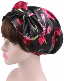 1Pc Zachte Zijde Vrouwen Nachtrust Douche Cap Verstelbare Dames Lange Haarverzorging Motorkap Headwrap Hoed Zachte Satijnen Hoed accessoires 58Cm zwart bloem