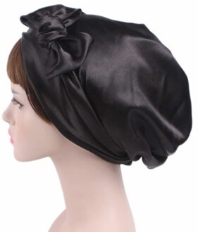 1Pc Zachte Zijde Vrouwen Nachtrust Douche Cap Verstelbare Dames Lange Haarverzorging Motorkap Headwrap Hoed Zachte Satijnen Hoed accessoires 58Cm zwart
