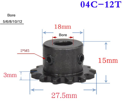 1Pcs 04C 12 Teeth Sprocket Wheel Chain Gear Bore 5-12mm Industrial With Top Wire