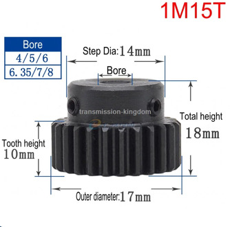 1Pcs 1Modulus Spur Gear 15 Teeth To 18 Teeth Metal Motor Pinion Convex Gear Rack bore 4/5/6/6.35/7/8/10mm Transmission