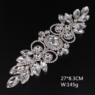 1PCS 22CM * 6.3CM Steentjes applique voor Trouwjurk Bloem Zilver Crystal DIY naaien decoratie Ambachten 27x8.3cm zilver