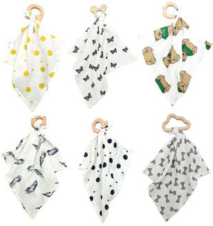 1pcs Baby Bibs Cotton With Wooden Teether Rodent Animals Newborn Soft Triangle Towel Burp Cloths Pacify Towel