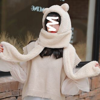 1Pcs Leuke Winter Vrouwen Bomber Hoeden Koreaanse Stijl Schattige Beer Oor Caps Warm Imitatie Cashmere Hoeden Met Sjaal oorklep Oorbeschermer beige