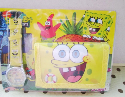 1pcs/lot Spongebob kids Sets watch and wallet purse wrist quartz Christmas Children gift Cartoon watches