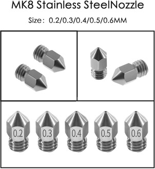 1PCS MK8 Nozzle 0.2 0.3 0.4 0.5 0.6mm M6 Threaded Stainless Steel for 1.75mm Filament for creality CR-10 ender-3 printer