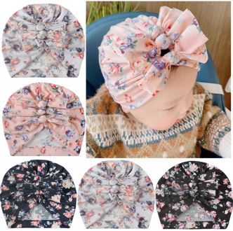 1PCS New Printed Flower Pleated Bow India Baby Girls Hat Newborn Toddler Turban Cotton Beanie Hat Knot Kids Caps Cute Gifts