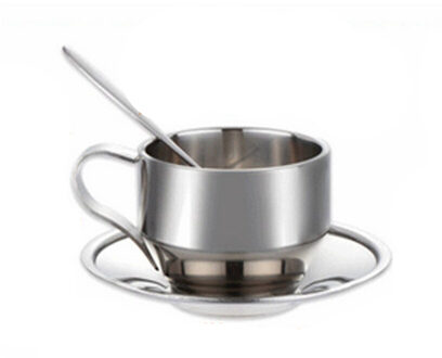 1Pcs Roestvrij Staal Koffiekopje Schotel En Lepel Set Rvs Dubbele Wand Koffiekopje Duurzaam Kopje Koffie