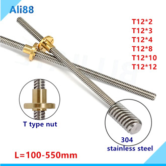 1pcs T12 lead screw 100 150 200 250 300 350 400 450mm Pitch 2 3 4 8 10 12 304 stainless steel Trapezoidal screw with brass nut
