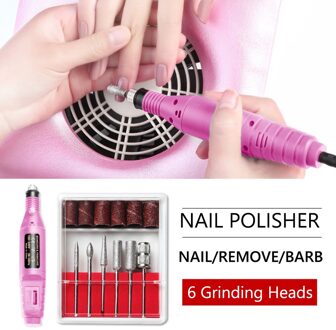 1Set Elektrische Nail Boor Machine Kit Usb Opladen Manicure Machine Pedicure 6 Bits Schuren Buffer Nagelvijl Nail Art pen TSLM1 Roze