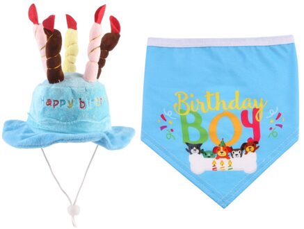 1Set Hond Verjaardagstaart Hoed Speeksel Handdoek Bib Hoofddeksels Verjaardag Party Kostuum Decoratie Set Huisdier Kleding Accessoires Blauw