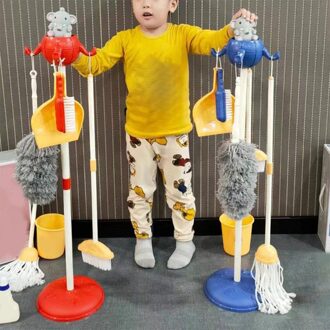 1Set Pretend Play Speelgoed 8Pc Cleaning Set Bezem Mop Borstel Stand Voor Kids blauw