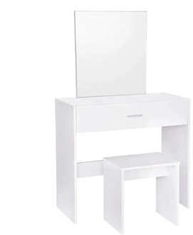 1SET White Dressing Table with a Large Makeup Mirror Vanity Table Bedroom Dresser Set with Dressing Stool & a Large Drawer