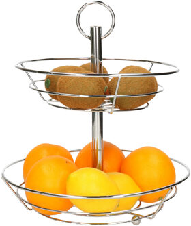1x 2-laags etagere - rond - zilver - metaal - d26 x h29 cm - fruitschaal/fruitmand