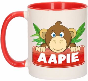 1x Aapie beker / mok - rood met wit - 300 ml keramiek - apen bekers Multikleur
