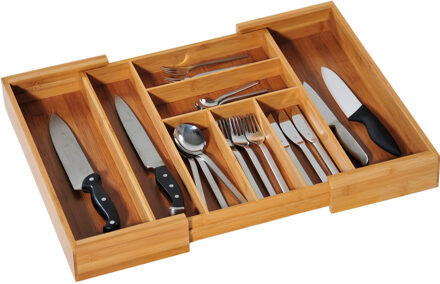 1x Bamboe houten uitschuifbare bestekbakken/inzetbakken 43 x 35-58 cm