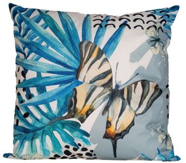 1x Bank/sier kussens met blauwe palm plant/bladeren print voor binnen en buiten 45 x 45 cm - Sierkussens Multikleur