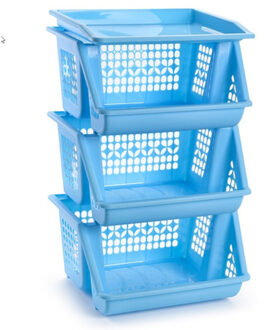 1x Blauwe opberg stapelkratten/organizers 3 vakken 62 x 32 cm - Opbergmanden