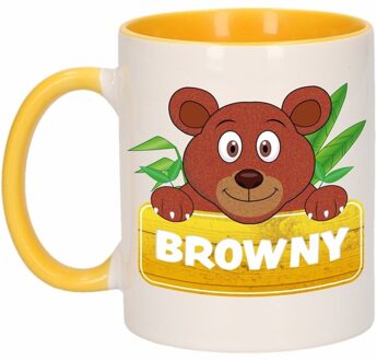 1x Browny beker / mok - geel met wit - 300 ml keramiek - beren bekers Multikleur