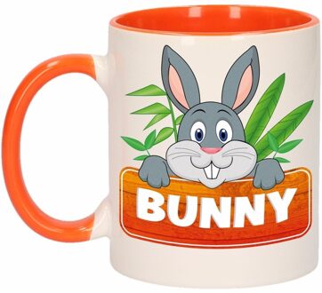 1x Bunny beker / mok - oranje met wit - 300 ml keramiek - konijnen bekers Multikleur