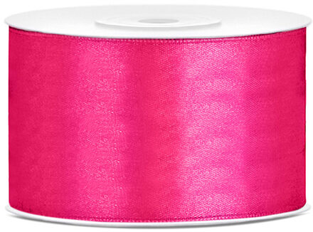 1x Donker roze satijnlint rollen 3,8 cm x 25 meter cadeaulint verpakkingsmateriaal - Cadeaulinten