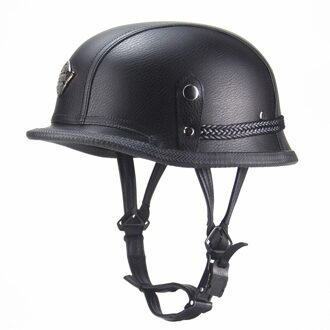 1X Dot Motorhelm Lederen Helm Voor Motorfiets Zwarte Motorfiets Open Gezicht Half Helm Retro Moto Helm zwart / L