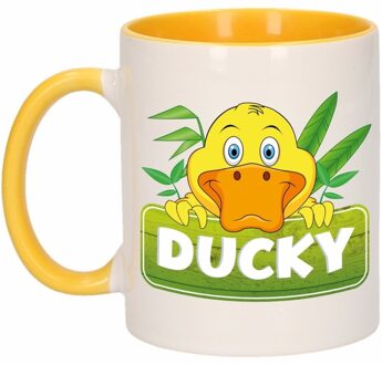 1x Ducky beker / mok - geel met wit - 300 ml keramiek - eenden bekers Multikleur