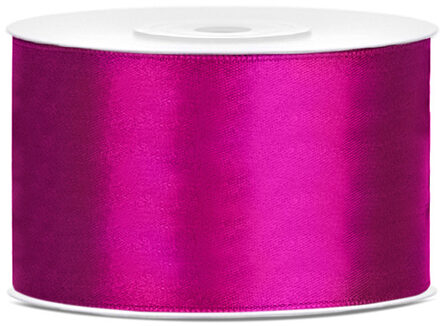 1x Fuchsia roze satijnlint rollen 3,8 cm x 25 meter cadeaulint verpakkingsmateriaal - Cadeaulinten