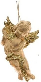 1x Gouden engel met lute kerstversiering hangdecoratie 10 cm Goudkleurig