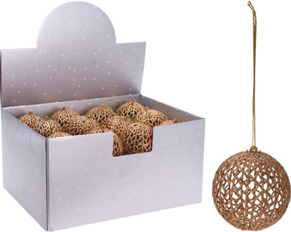 1x Gouden glitter draad/rotan look kerstballen kunststof 9 cm Goudkleurig