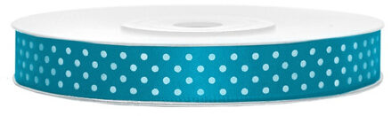 1x Hobby/decoratie turquoiseblauwe satijnen sierlinten met witte stippen 1,2 cm/12 mm x 25 meter - Cadeaulinten satijnlinten/ribbons - Turquoiseblauwe linten met witte stippen - Hobbymateriaal benodigdheden - Verpakkingsmaterialen - Action products
