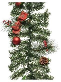 1x Kerst guirlande/slinger groen met rode versiering 180 cm dennenslinger versiering/decoratie - Guirlandes