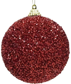 1x Kerstballen kerst rode glitters 8 cm met kralen kunststof kerstboom versiering/decoratie - Kerstbal Rood