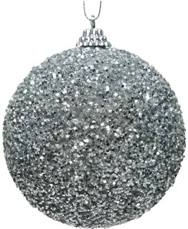 1x Kerstballen zilveren glitters 8 cm met kralen kunststof kerstboom versiering/decoratie - Kerstbal Zilverkleurig