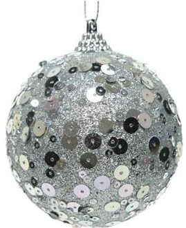 1x Kerstballen zilveren glitters 8 cm met pailletten kunststof kerstboom versiering/decoratie - Kerstbal Zilverkleurig