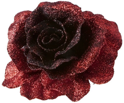 1x Kerstversieringen glitter roos rood op clip 10 cm - Kersthangers